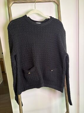 H&M Black Textured Crewneck Sweater with Pocket Button Accents